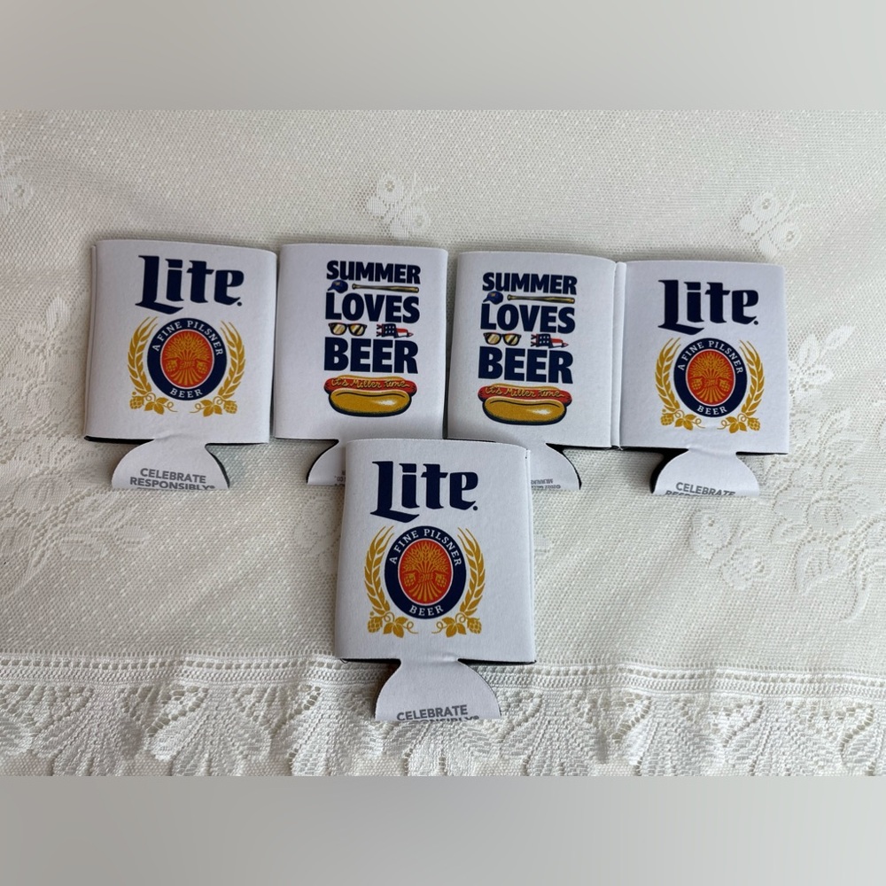 Lot of 5 MILLER LITE BEER CAN COOLER COOZIE COOLIE HUGGIE SUMMER LOVES BEER